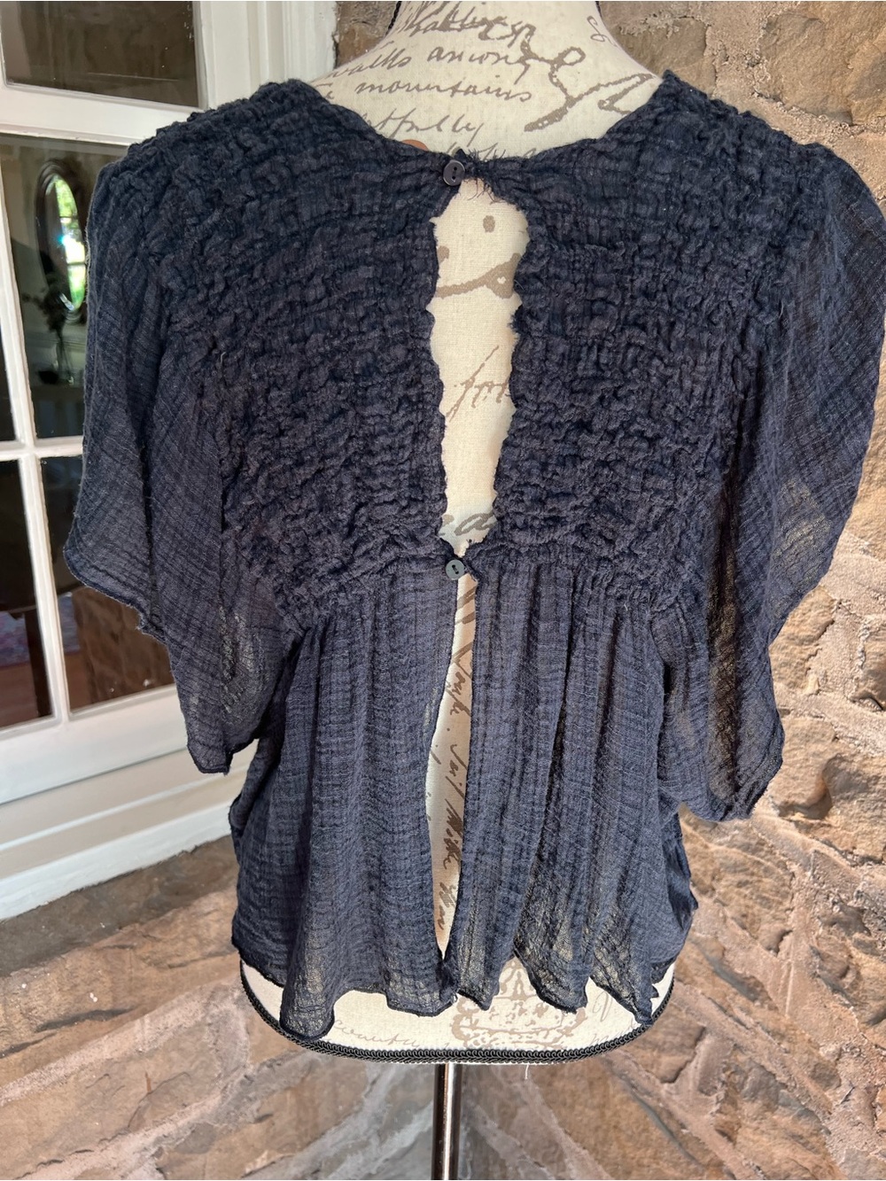 EUC size S Free People One Hyacinth Indigo blue Smocked Flutter Sleeve Top - Picture 5 of 8